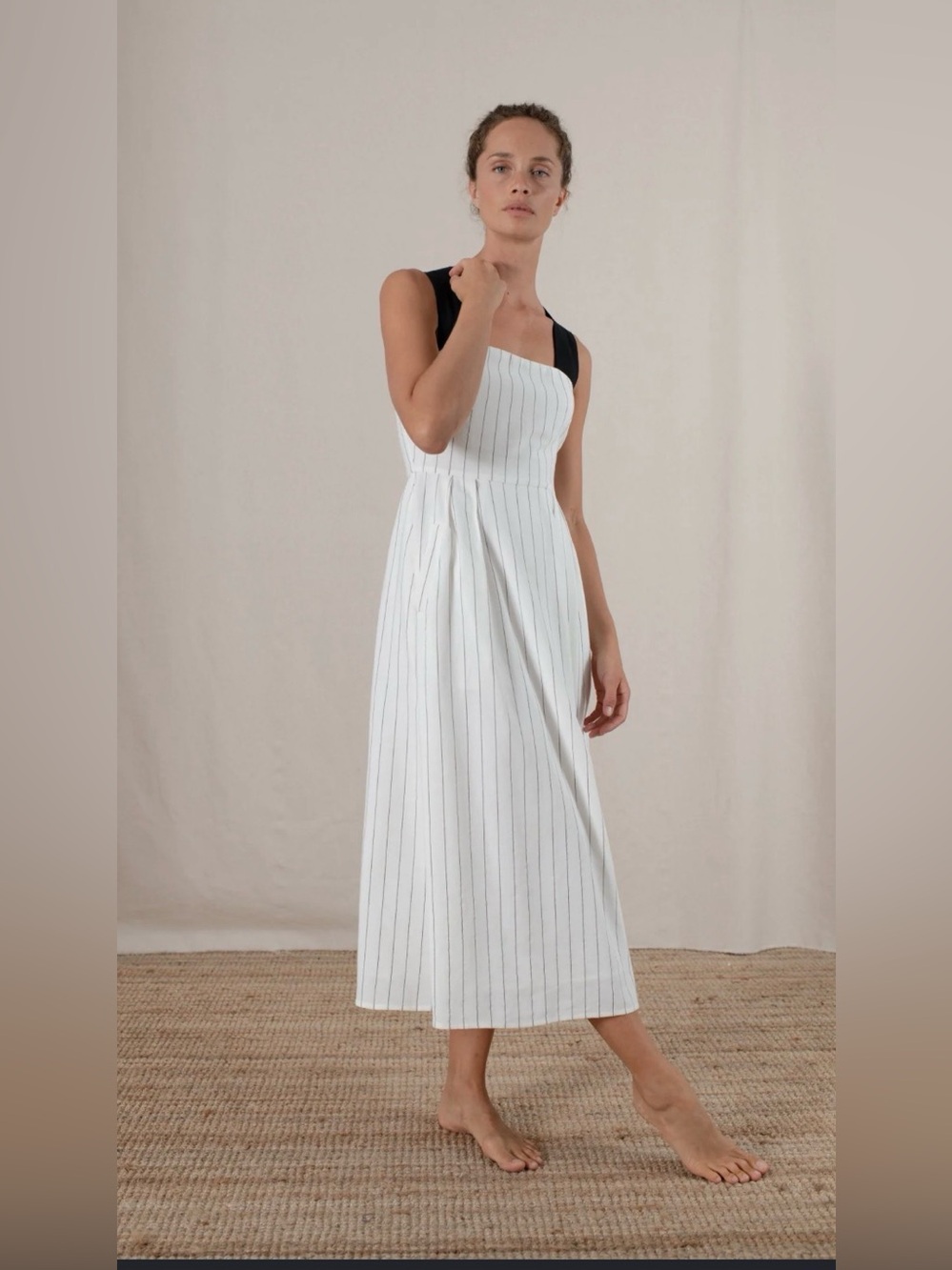 Striped White Midi Dress with Black Straps